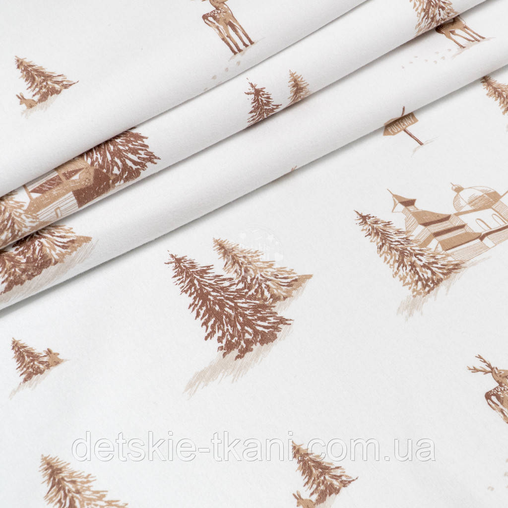 Фланель "Бежеві ялинки, зайчики та олені", ширина 240 см, фото 1