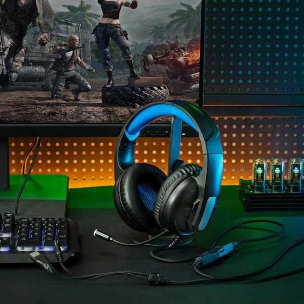 Ігрові навушники провідні з мікрофоном і LED RGB підсвічуванням XO GE-09 Чорні з синім, фото 1