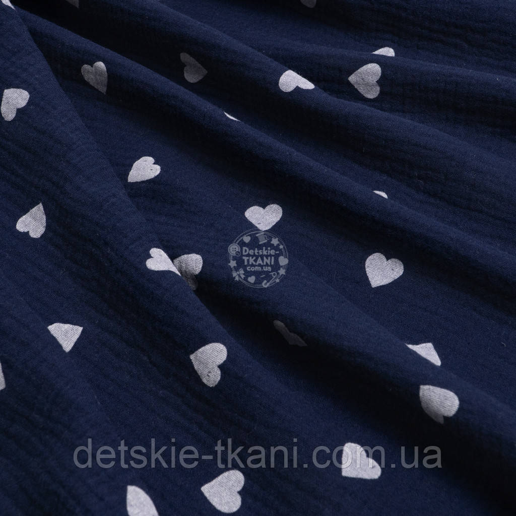 Двошаровий жатий муслін "Світлі сердечка 18 мм на синьому тлі", ширина 135 см, фото 1