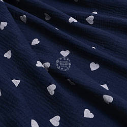 Двошаровий жатий муслін "Світлі сердечка 18 мм на синьому тлі", ширина 135 см