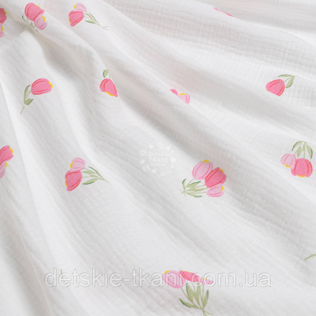 Двошаровий жатий муслін "Три рожевих тюльпанчики", ширина 135 см, фото 1