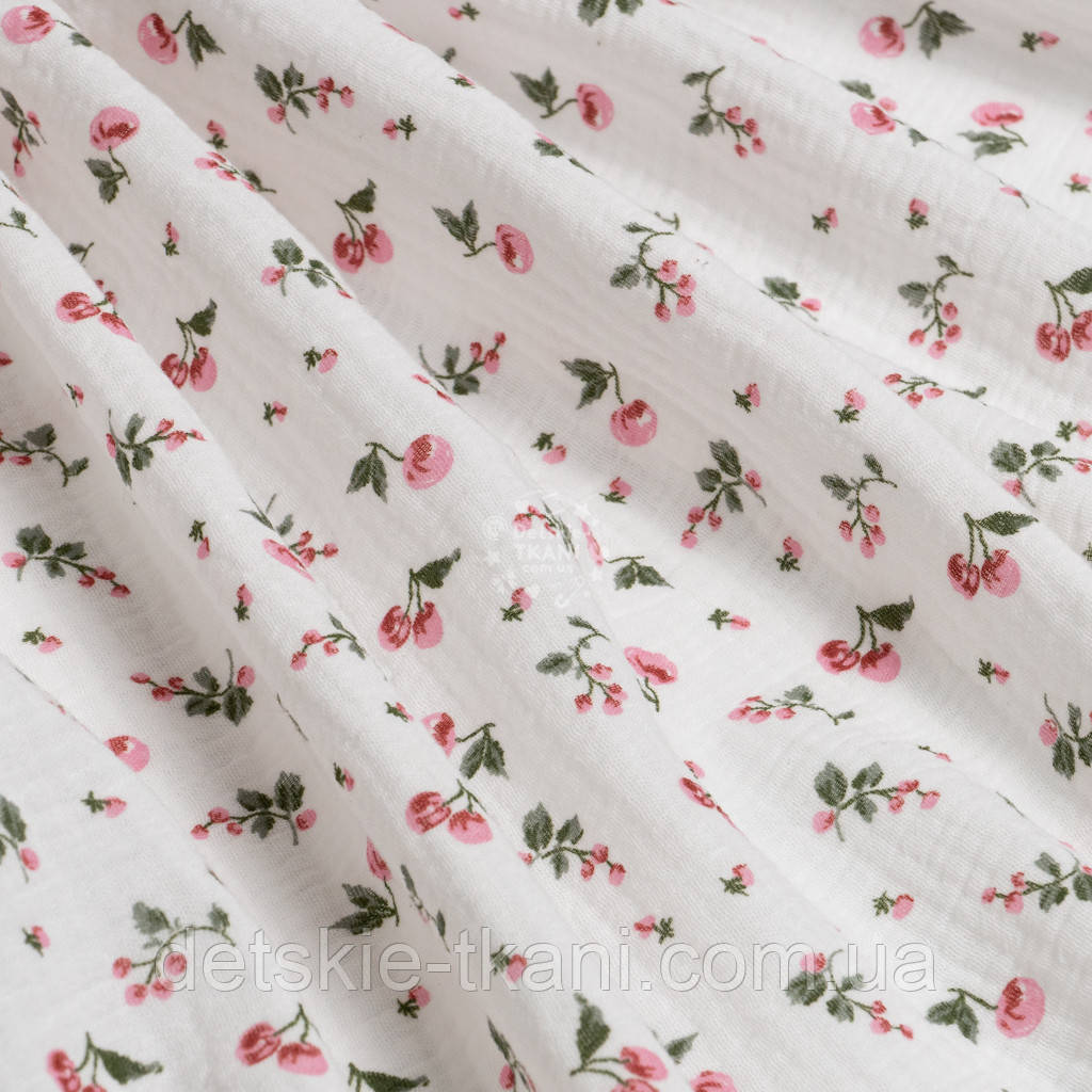Двошаровий жатий муслін "Рожеві ягідки на фоні айворі", ширина 135 см, фото 1