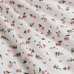 Двошаровий жатий муслін "Рожеві ягідки на фоні айворі", ширина 135 см