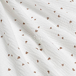 Двошаровий жатий муслін "Намальовані коричневі сердечка на фоні айворі", ширина 135 см