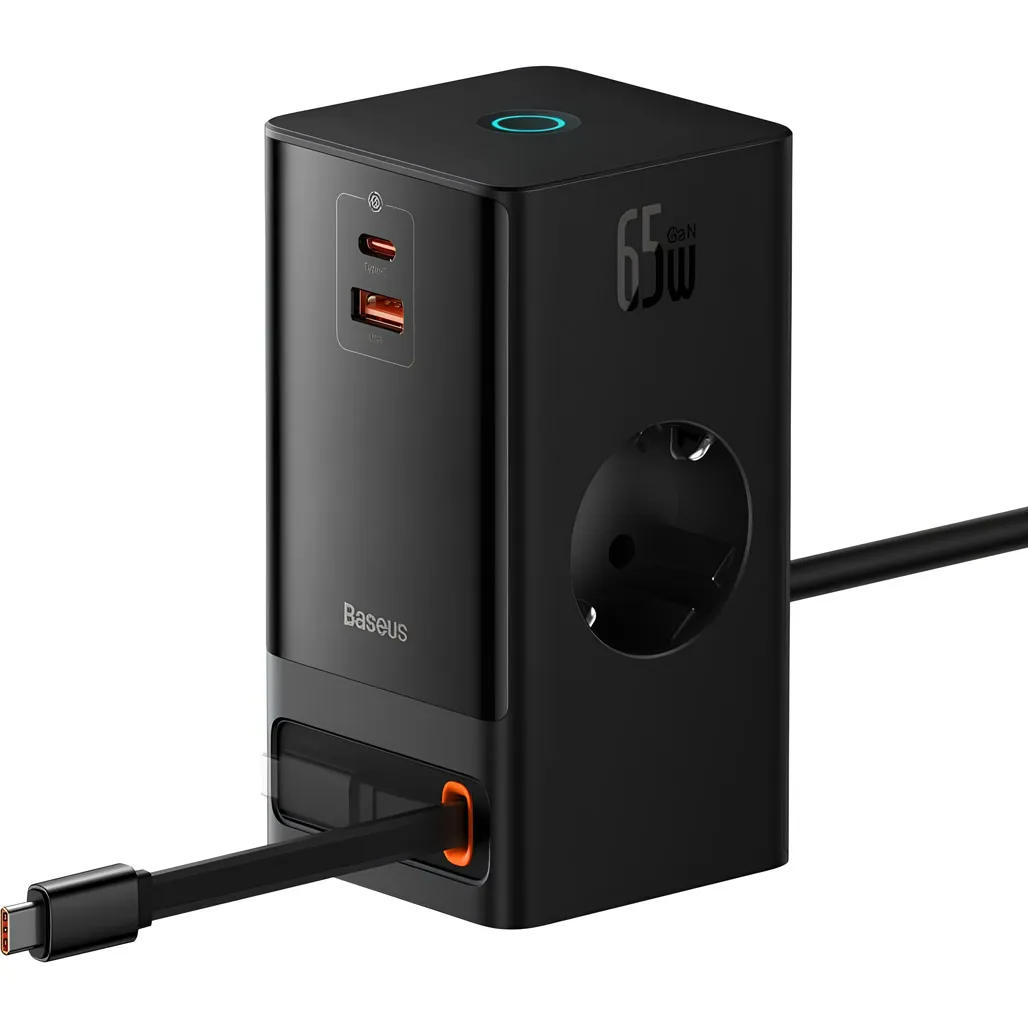 Мережевий зарядний пристрій Baseus PowerCombo Digital PowerStrip 2AC+1U+1C+Retractable-C 65W EU Black