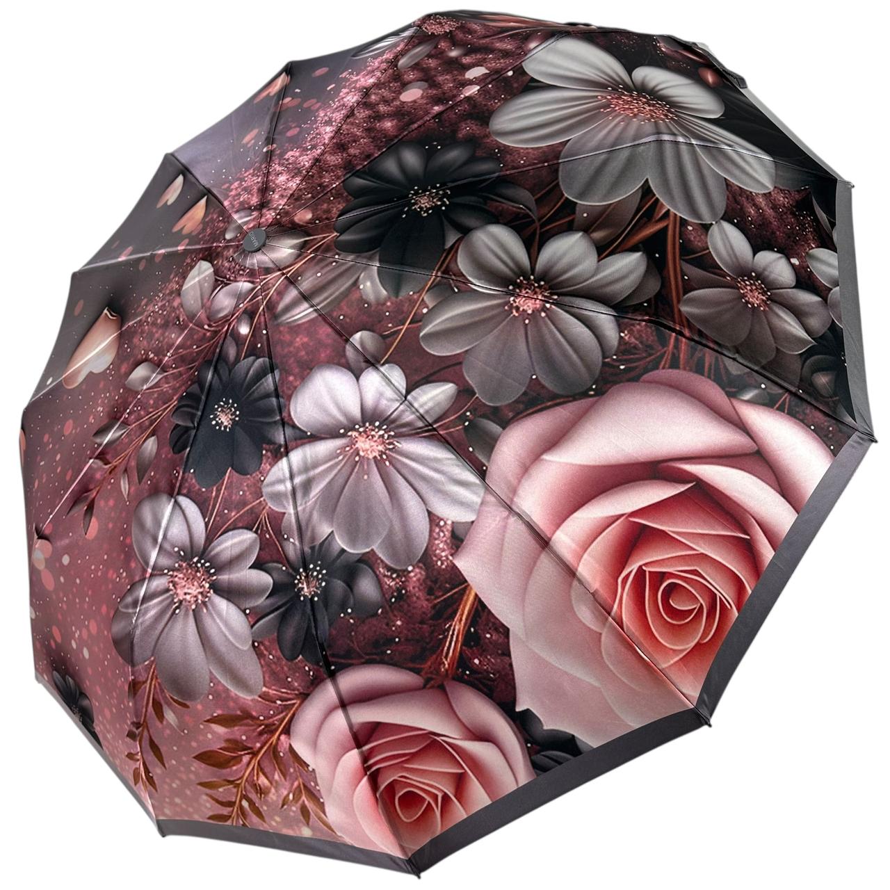 Жіноча парасоля автомат на 12+5+2 сигментних карбонових спиць сатиновий купол з принтом квітів від Mario, сіра ручка, MR 0456-2