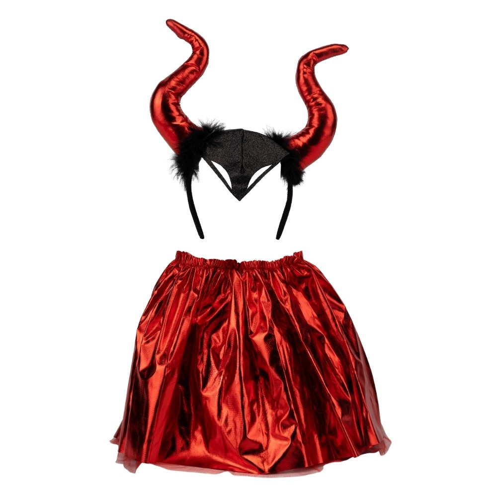 Карнавальний костюм на Хелловін "Бісеня" | червона спідниця та обруч з рогами