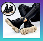 Шкіряні жіночі черевики чорні моко на тракторній підошві бежевий низ демісезонні черевики з шнурівкою і блискавкою осінь весна