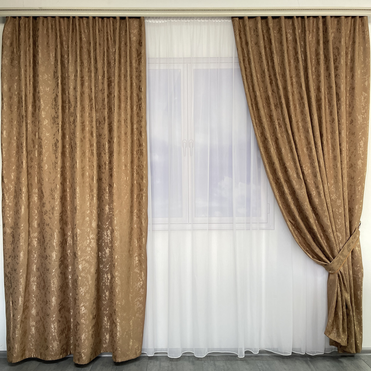 Готові штори з мармуру Кавового кольору, з тюлем (SHTN-M19n-10), фото 1