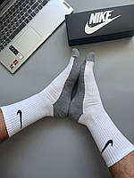 Упаковка 12 пар (41-45) Мужские белые высокие спортивные носки Nike/Найк с серой стопой и фиксирующей резинкой