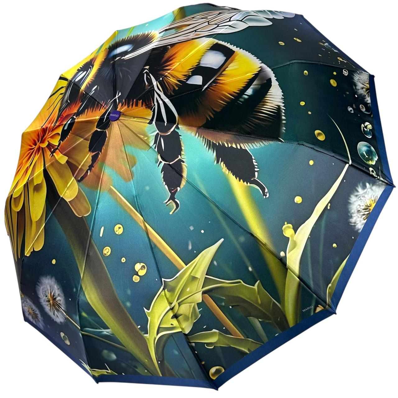 Жіноча парасоля автомат на 12+5+2 сигментних карбонових спиць сатиновий купол з принтом від Mario, фіолетова ручка, MR 0456-3