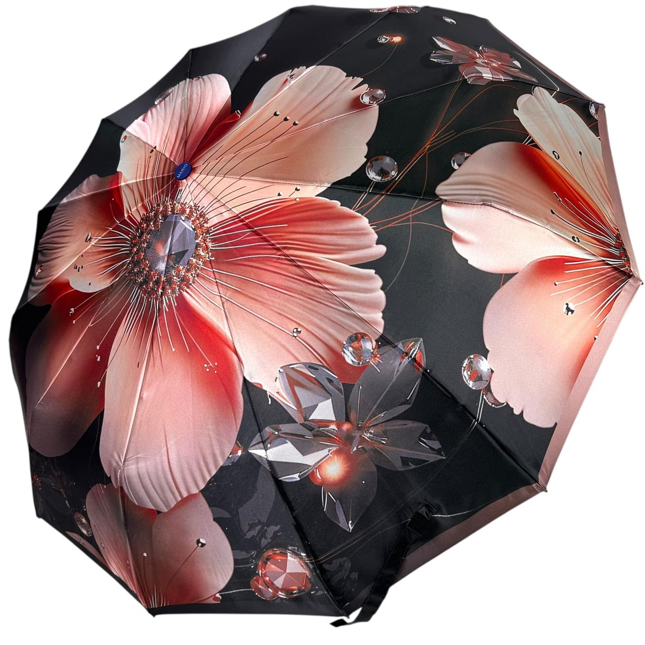 Жіноча парасоля автомат на 12+5+2 сигментних карбонових спиць сатиновий купол з принтом квітів від Mario, ручка синя, MR 0456-5