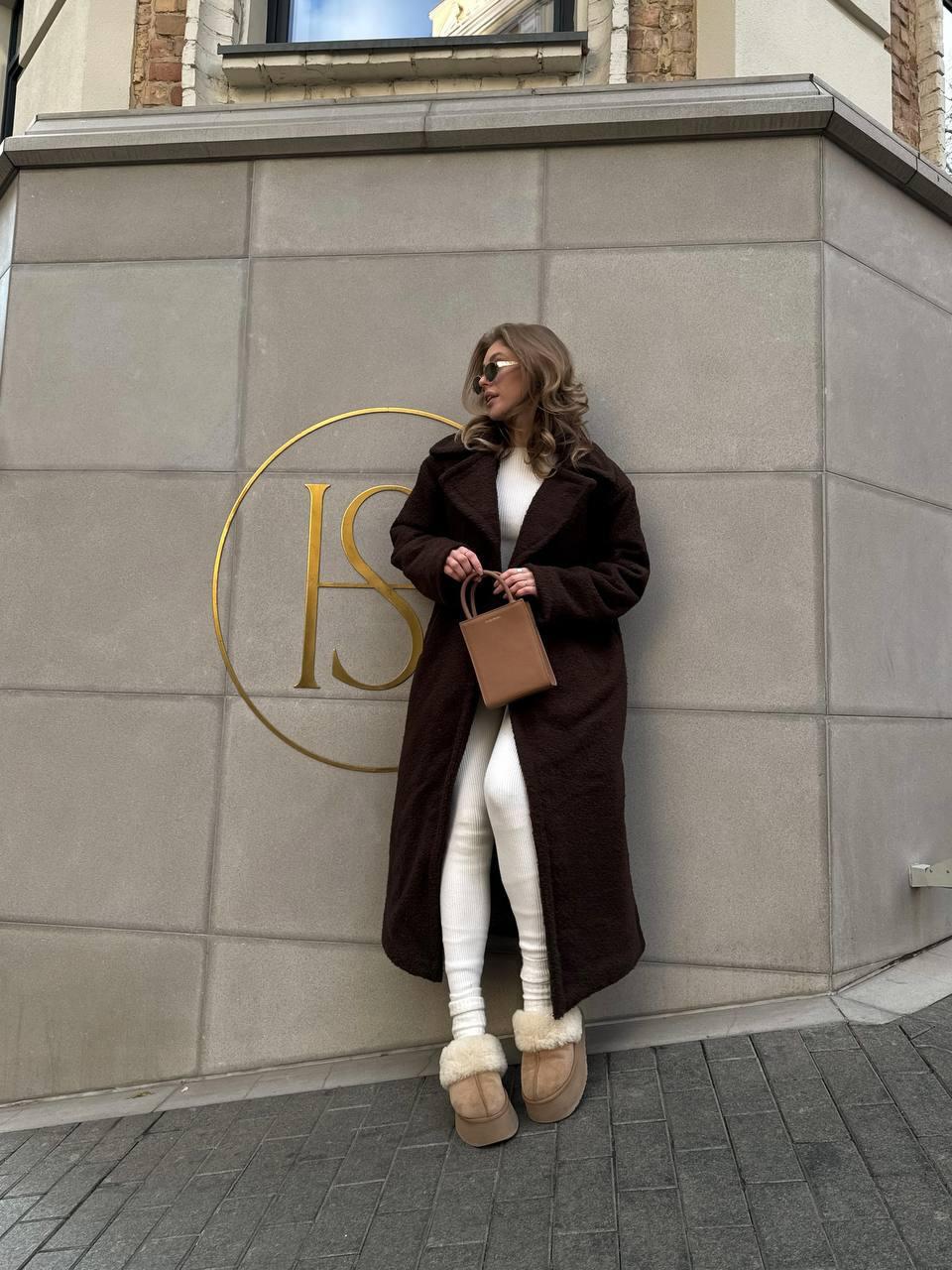 Тепла еко-шуба з пояском Модель: 1467-1002 Колір: шоколад, беж, фото 1