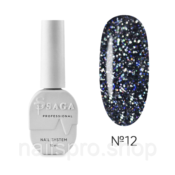 Saga Fiery Gel №12 Світловідбивний гель лак чорний,10 мл, фото 1