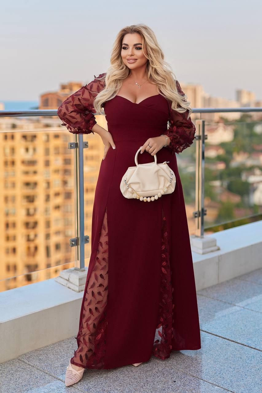 Вечірня довга сукня бордова великого розміру Розміри: 48-50, 52-54, 56-58, 60-62, 64-66