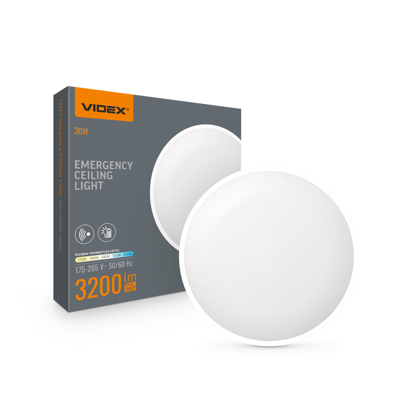 LED Світильник аварійний накладний з датчиком руху VIDEX 30W 2700-6500K 220V, фото 1