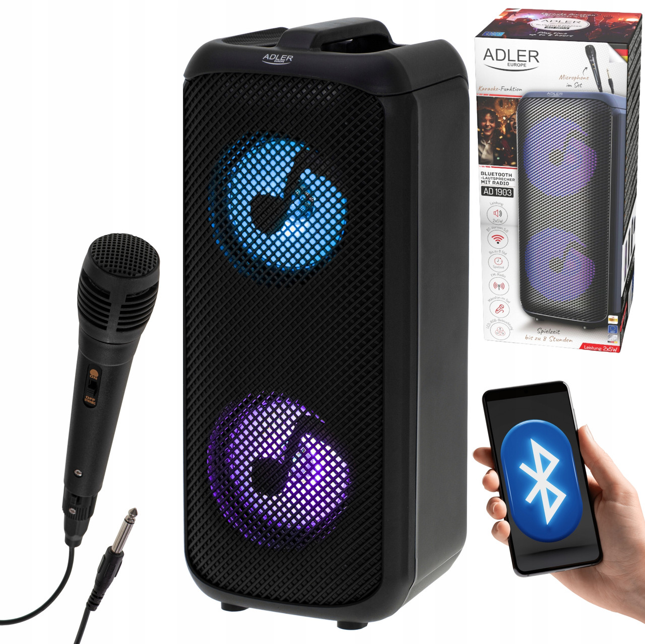 Bluetooth-колонка Adler AD 1903 — 10 Вт, караоке, FM-радіо, RGB-підсвітка, фото 1