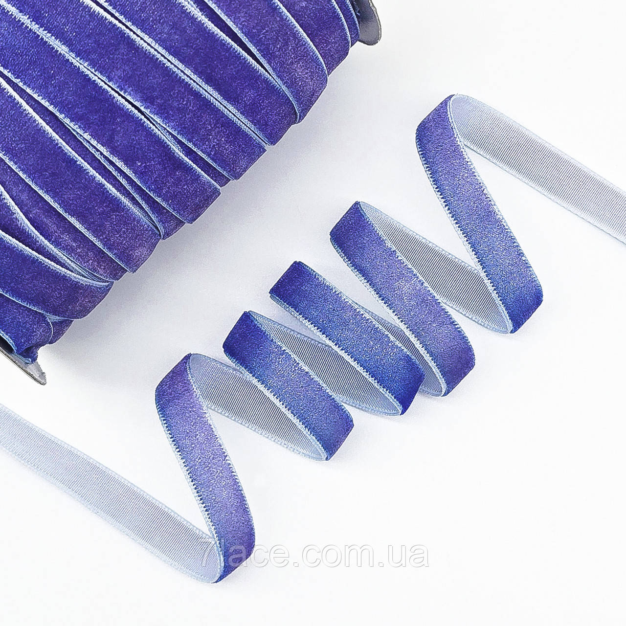 Оксамитова (велюрова) стрічка / колір волошковий / ширина 1 см / у бобіні 45 метрів, фото 1