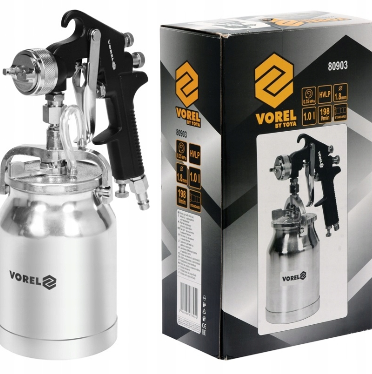 Пульверизатор VOREL 80903 HVLP 1.8 мм з нижнім бачком 1 л 3-4 бар, фото 1