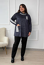 Жіноча туніка батал трикотажна з кишенею та коміром синя, фото 3