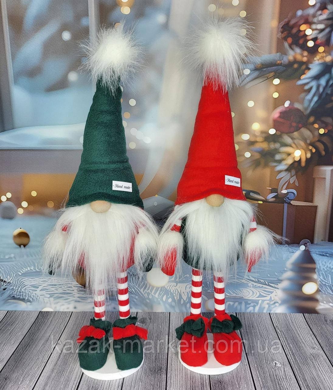 Новорічний яскравий декоративний ельф гном 75-80 см на довгих смугастих ніжках,  різдвяний український інтер'єрний гном, фото 1