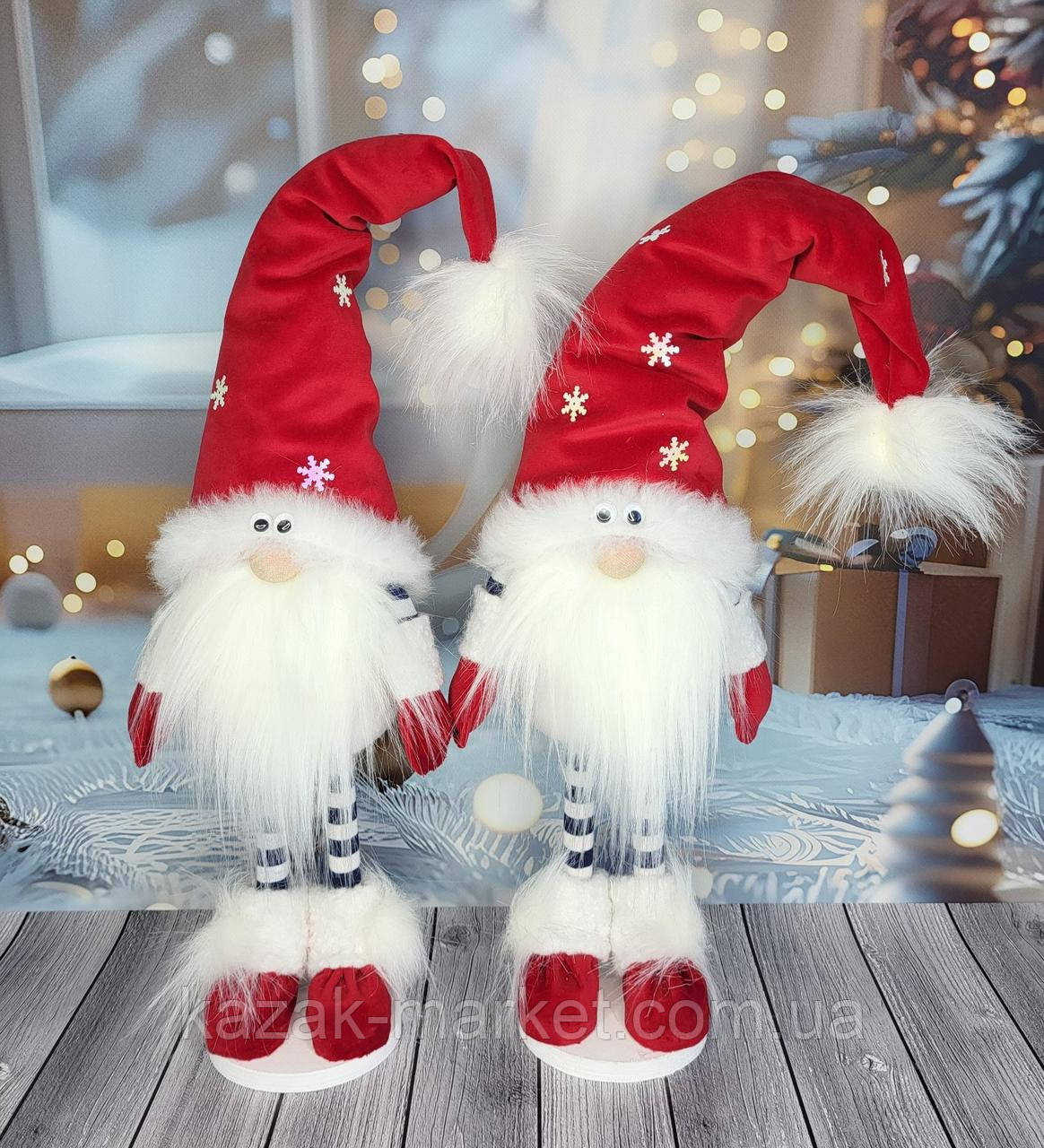 Новорічний різдвяний ельф гном 50-55 см на довгих смугастих ніжках із бубоном і очами пр-во Україна, фото 1