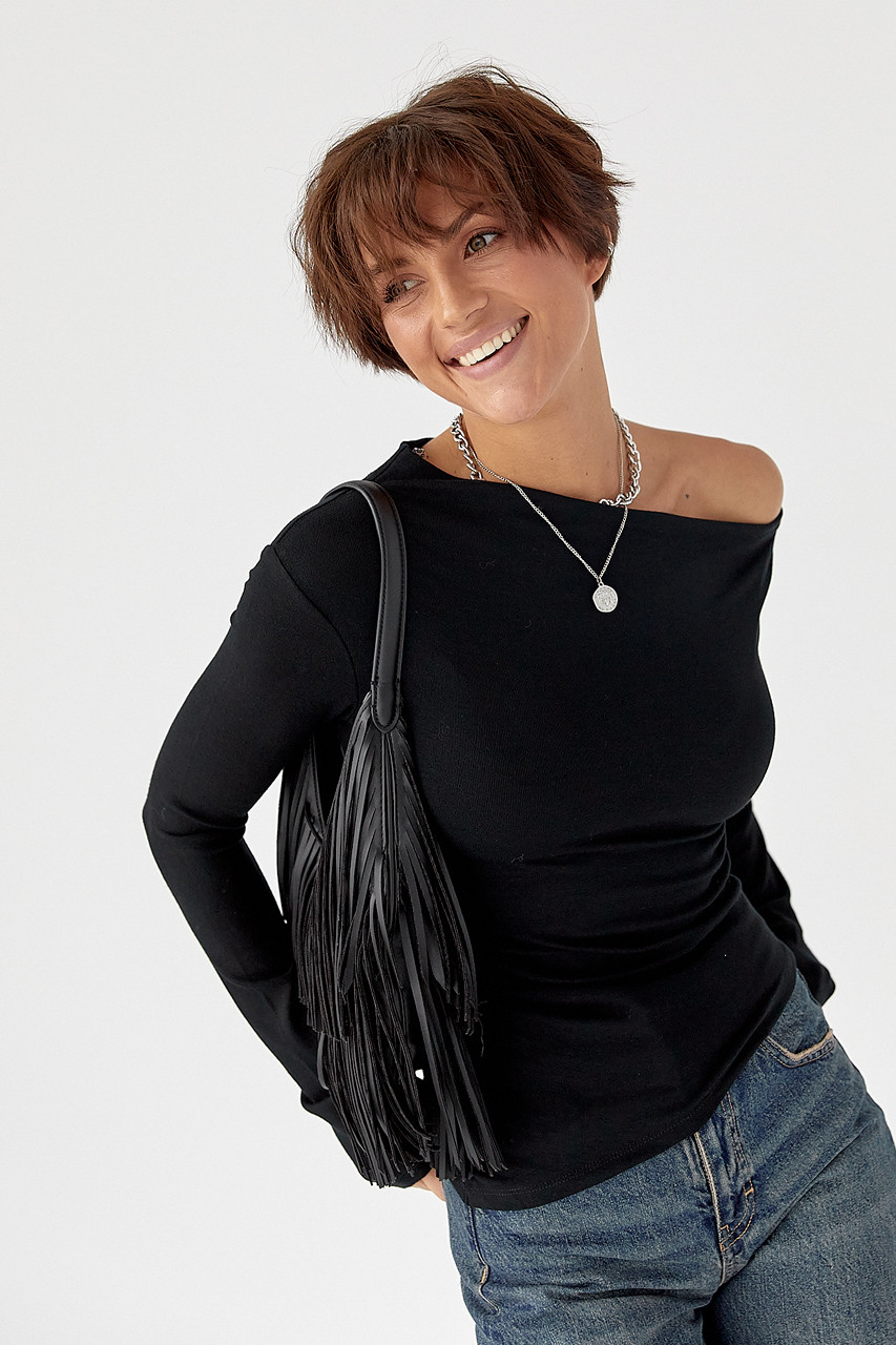 Асиметричний лонгслів з відкритим плечем - чорний цвет, M (є розміри), фото 1