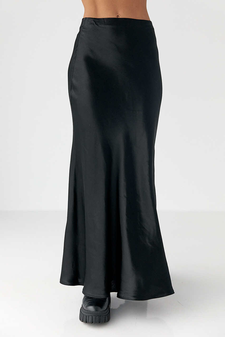 Жіноча атласна довга спідниця на резинці - чорний цвет, L (є розміри), фото 1