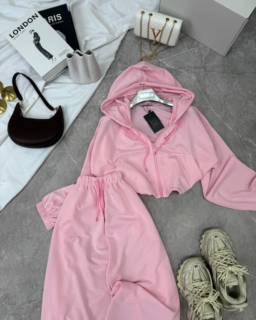 Костюм з укороченою кофтою Модель: 1492-1158 Колір: вершкове масло, барбі, фото 1