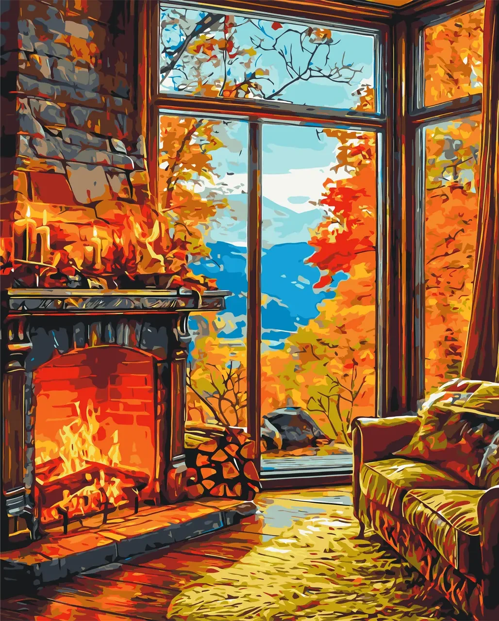 Картина за номерами 40х50 см Пейзаж. Тепло осіннього каміну. Орігамі LW3518, фото 1