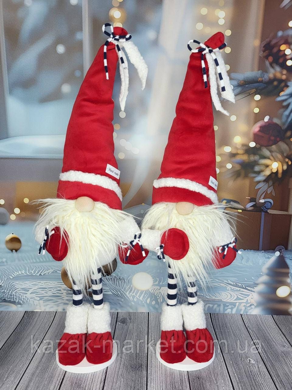 Новорічний ельф гном 75-80 см на довгих смугастих ніжках, декоративний різдвяний інтер'єрний гном Red, фото 1