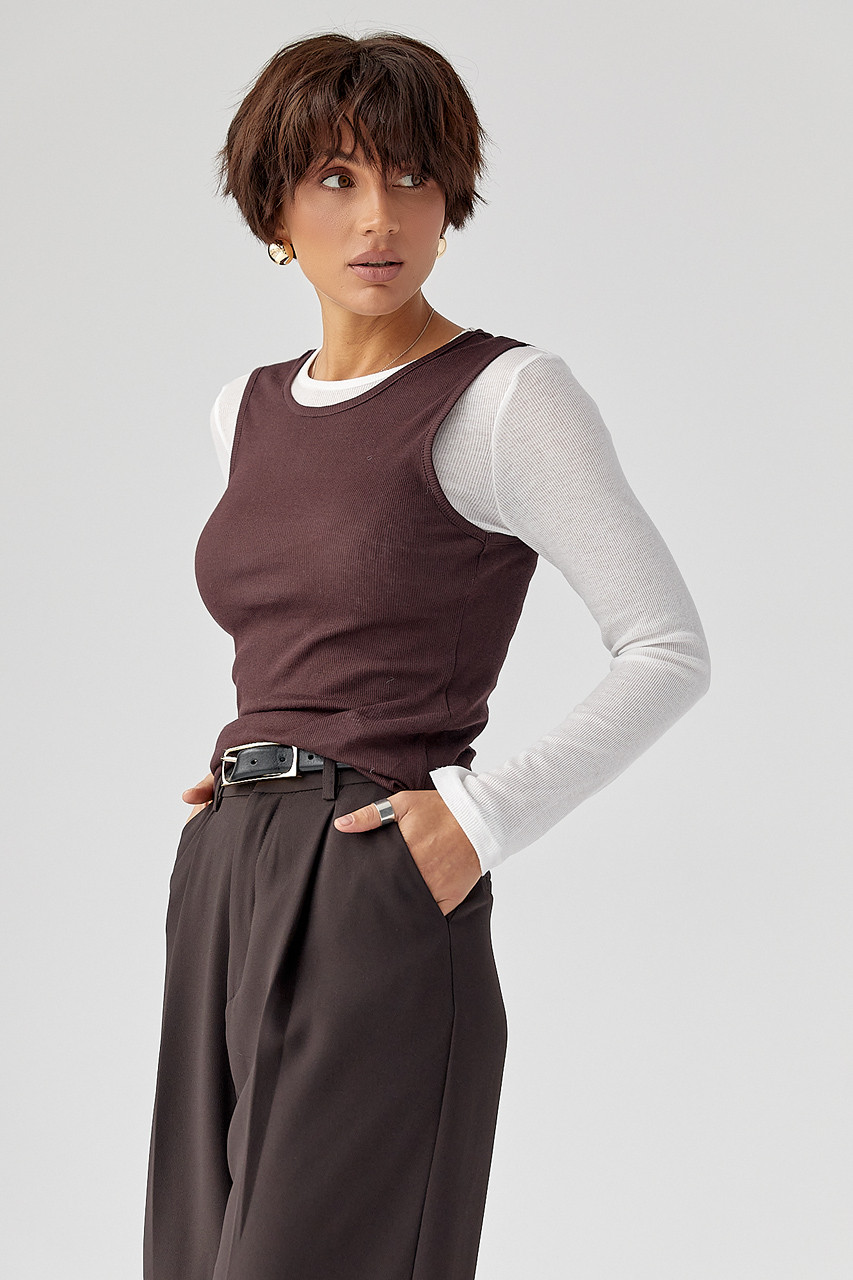 Двошаровий лонгслів у рубчик з імітацією жилетки - коричневий цвет, S (є розміри), фото 1