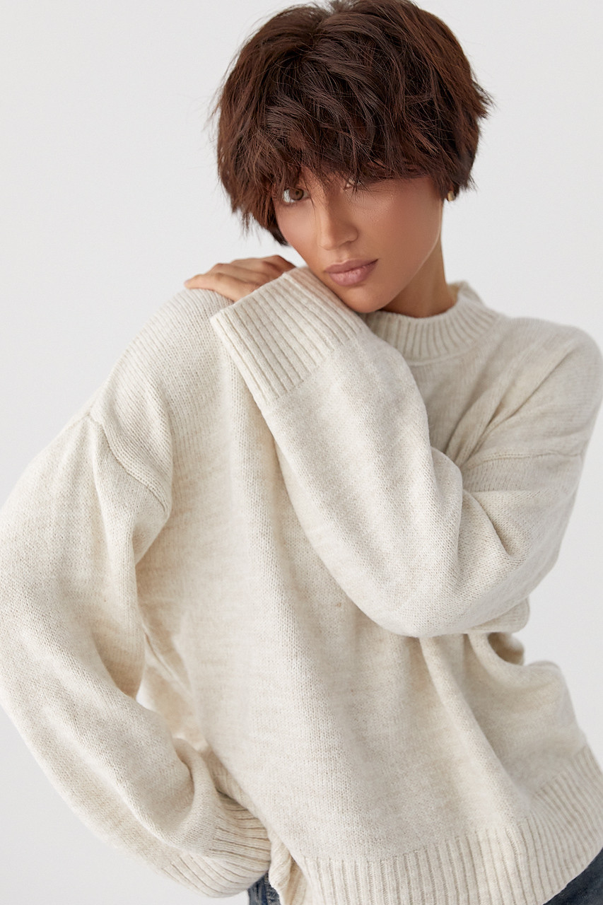 В'язана однотонна кофта вільного фасону - бежевий цвет, L (є розміри), фото 1