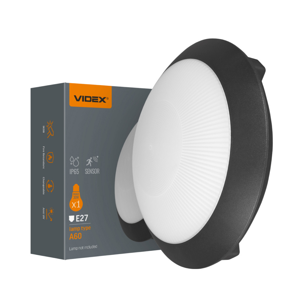 LED світильник під лампу E27 IP54 VIDEX VL-BHR-E2726SB з датчиком руху