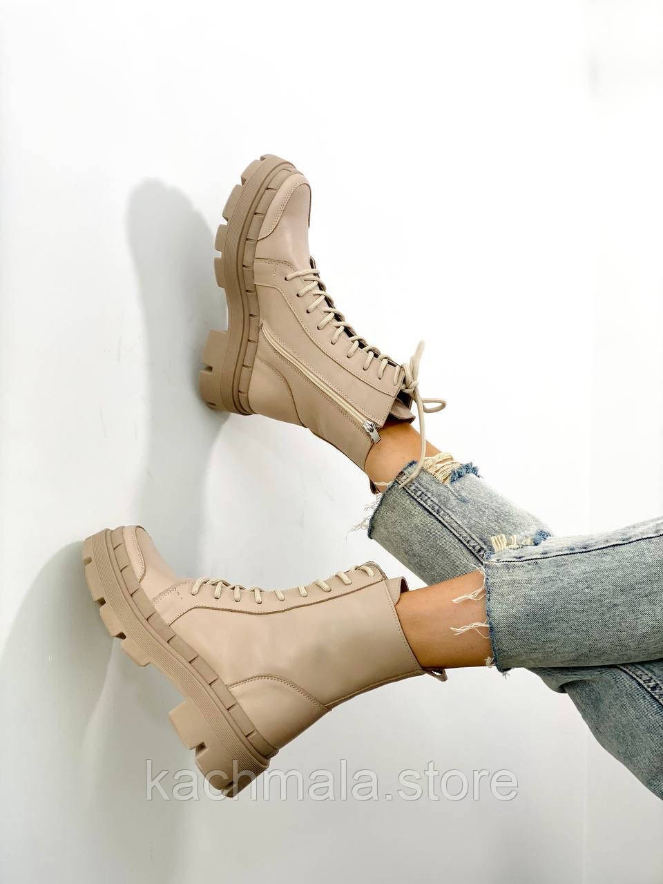 Жіночі черевики бежеві шкіра демі підкладка байка, фото 1