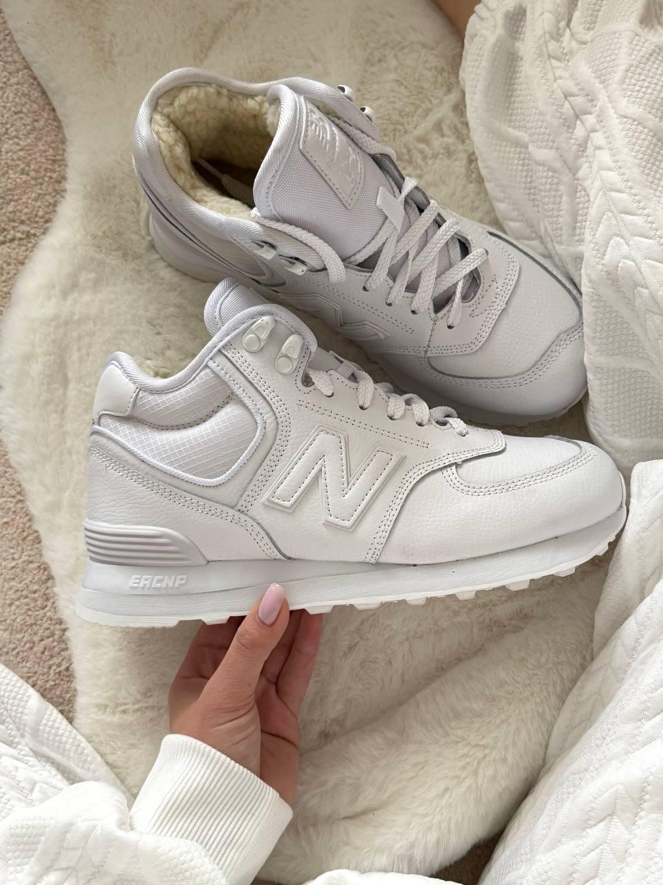 New Balance 574 high White Winter Fur жіночі зимові кросівки білі Нью Баланс 574 високі шкіра хутро