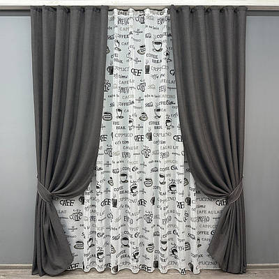 Комплект (2шт 1x2,7м + 3х2,7м) штор з тюлем "Льон Мішковина", колір графітовий з білим (1140ш-1791т) 71-064/1