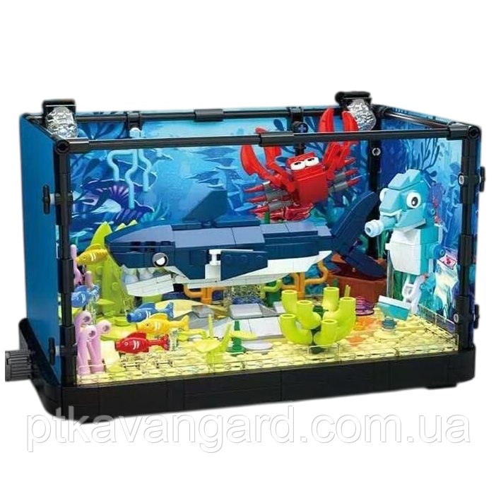 Конструктор акваріум 3D з акулою крабом морським коником 648 деталей підсвічування 7020, фото 1