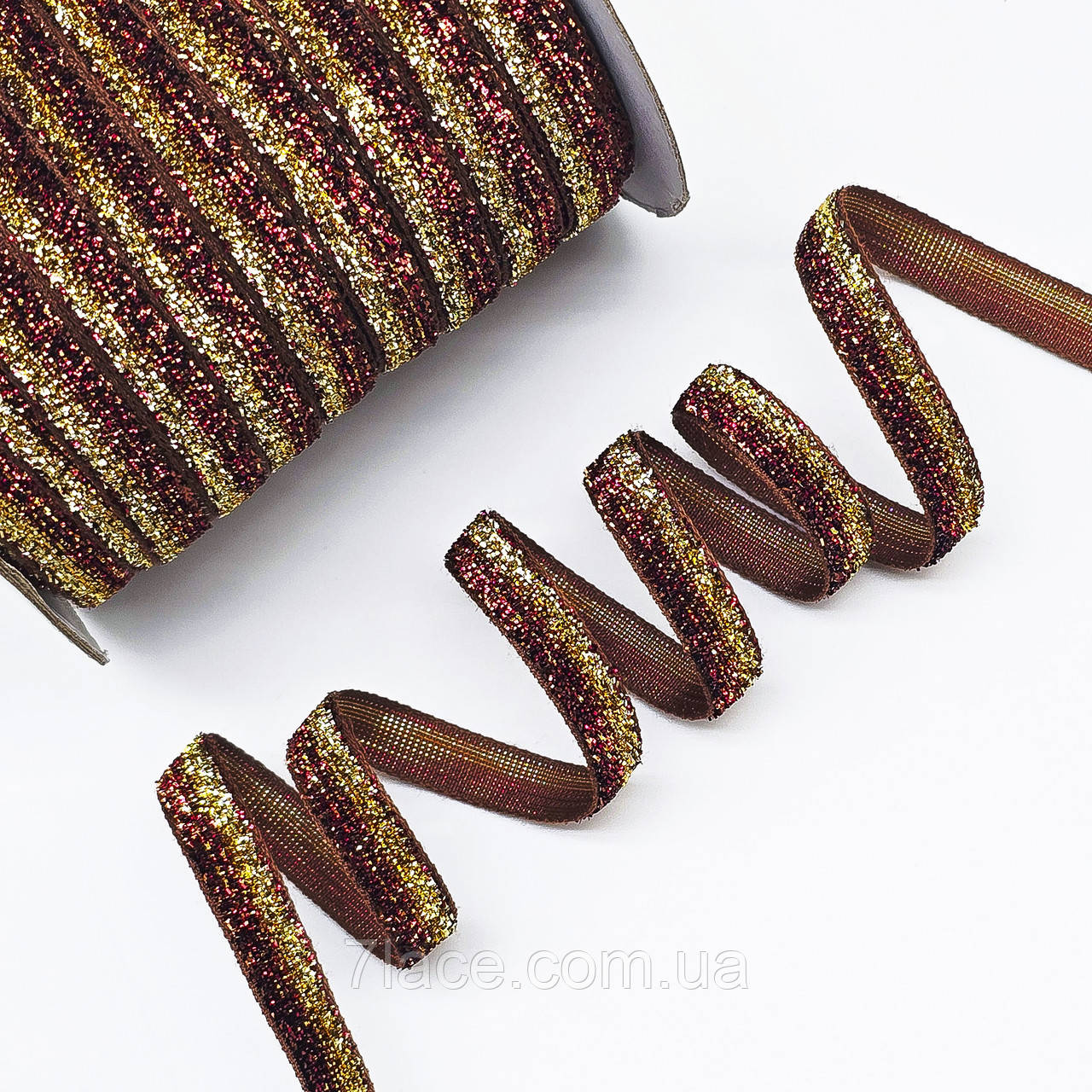 Оксамитова (велюрова) стрічка з люрексом / колір червоно-золотий / ширина 1 см / у бобіні 45 метрів, фото 1