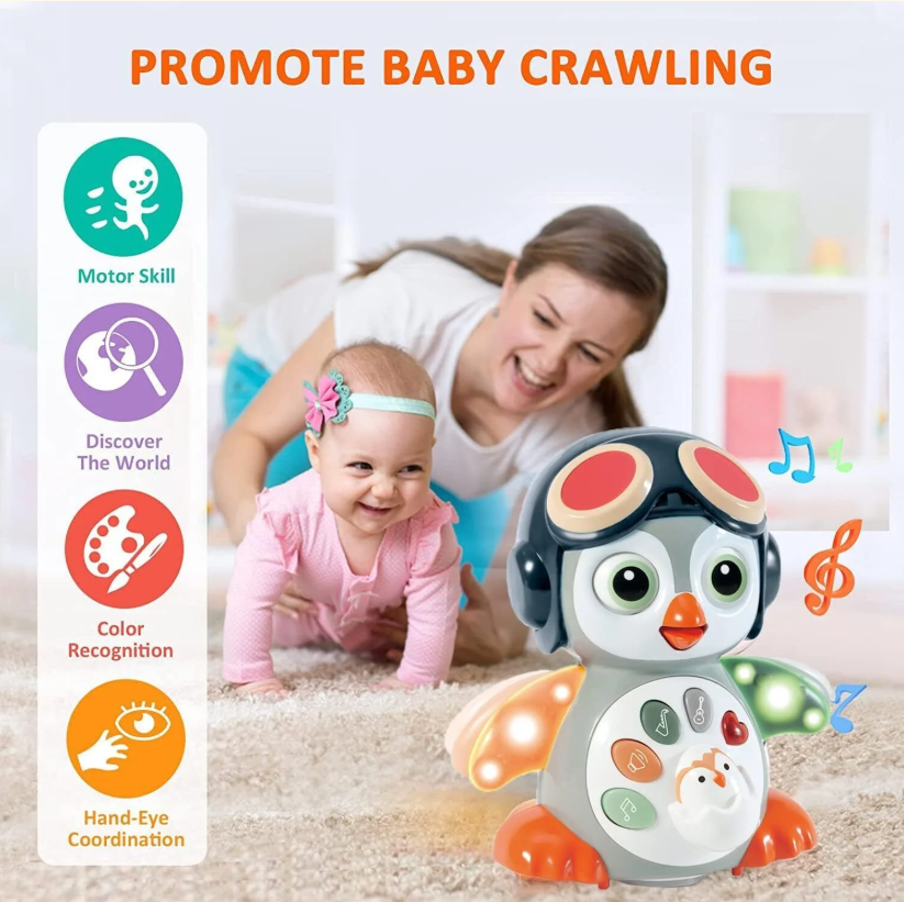 Розвивальний музичний пінгвинчик для малюка дитяча інтерактивна іграшка їздить світло звук серцебиття співає, фото 1