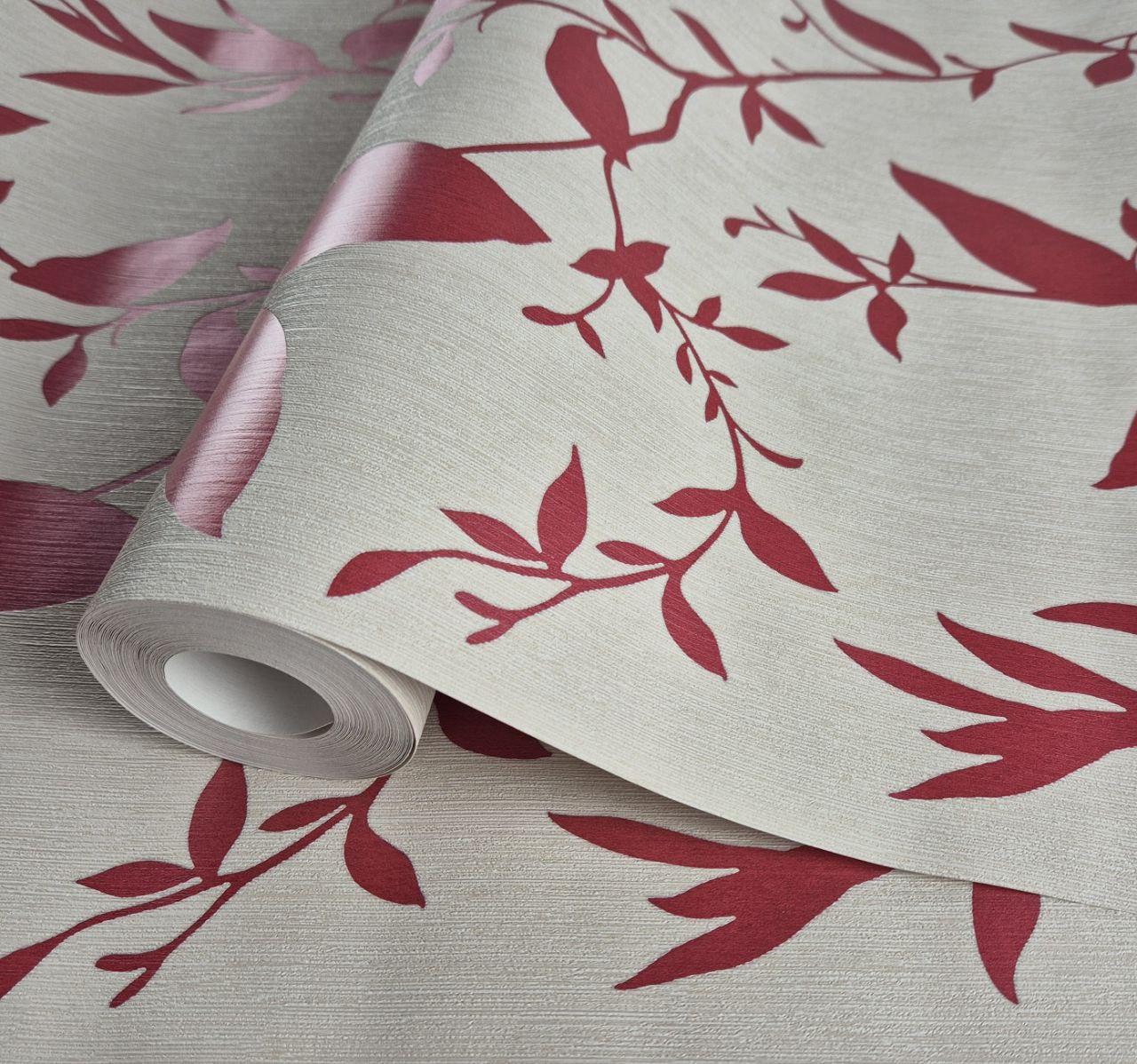 Шпалери вінілові на флізеліні 0.53 × 10.05 м Marburg 57835, бежеві з червоним листям для спальні, вітальні, коридору, фото 1