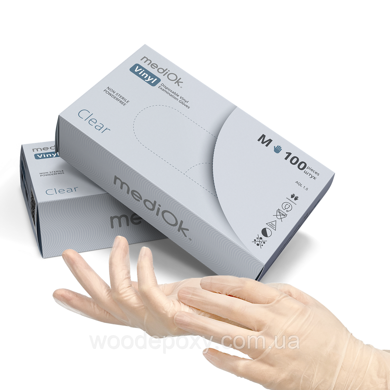 Рукавички Вінілові Без пудри Прозорі 3г  М ( 10 штук), фото 1