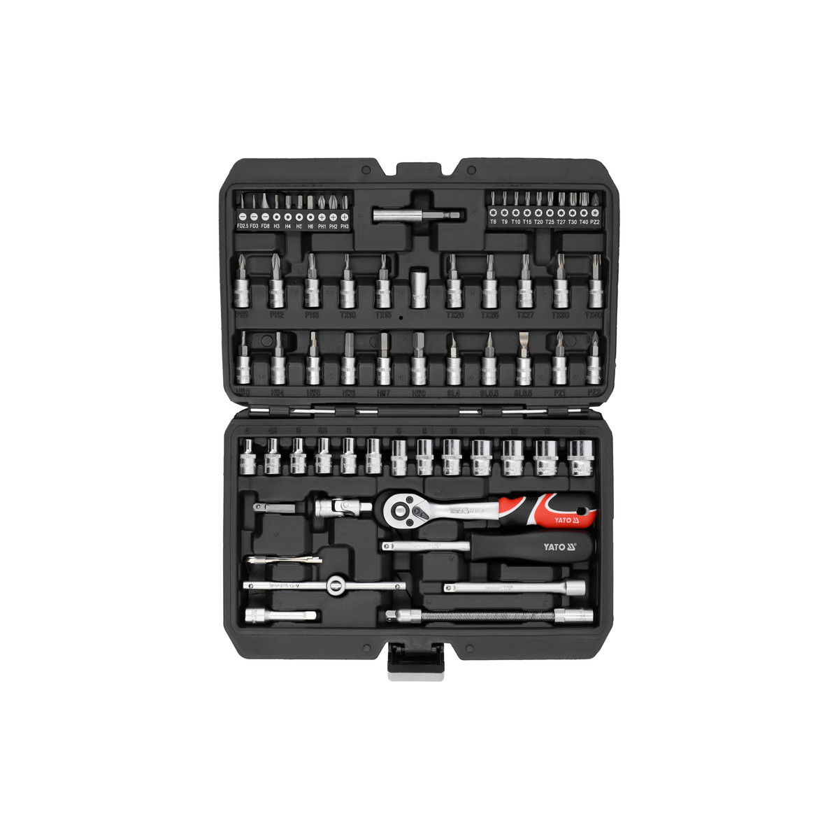 Набір торцевих головок і викруткових насадок 1/4" з інструментами 68 шт. Yato YT-14502, фото 1