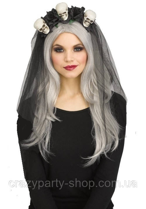 Карнавальна чорна фата з черепами та трояндами на обідку, фото 1