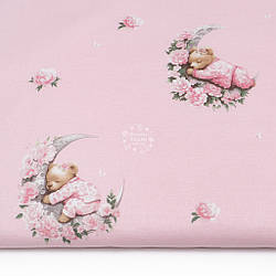 Бязь "Ведмедик у піжамі на квітковому місяці на рожевому тлі", №5682