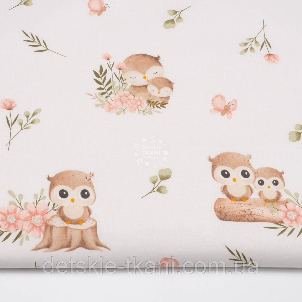 Бязь "Сови на пеньочках і квіти на білому тлі", №5683, фото 1