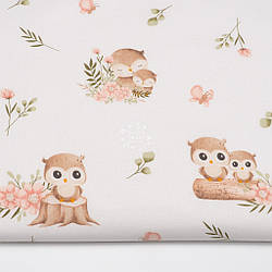 Бязь "Сови на пеньочках і квіти на білому тлі", №5683