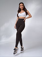 Демісезонні жіночі коричневі стягуючі легінси з високою посадкою і широким поясом