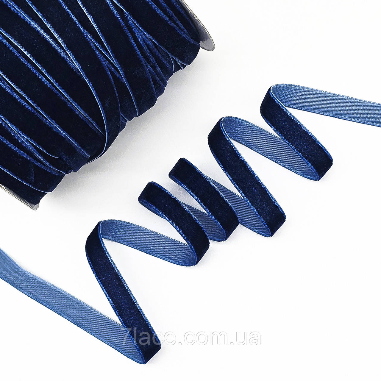 Оксамитова (велюрова) стрічка / колір темно-синій / ширина 1 см / у бобіні 45 метрів, фото 1