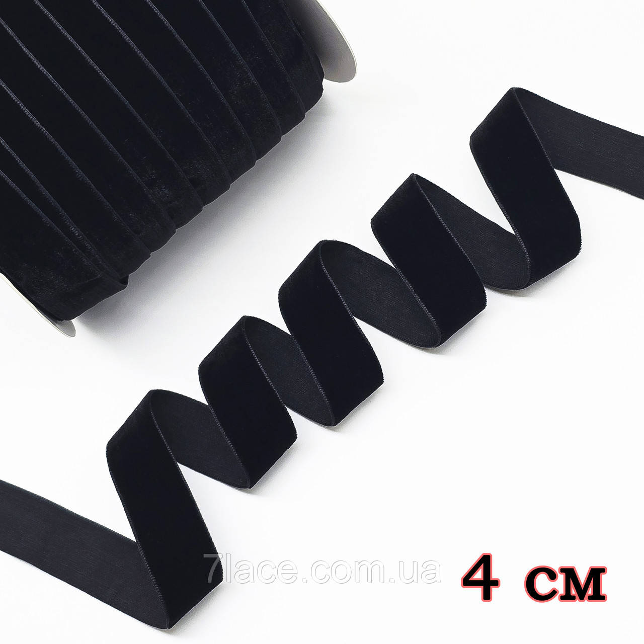 Оксамитова (велюрова) стрічка / колір чорний / ширина 4 см / у бобіні 23 метри, фото 1